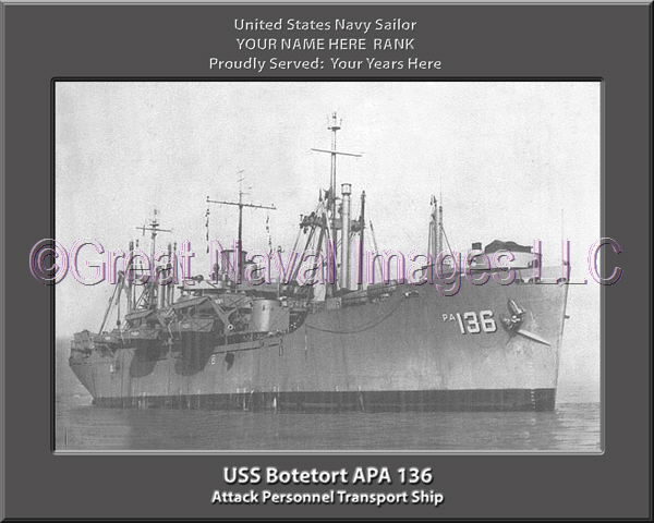 USS Botetort APA 136 Personalized Ship Photo on Canvas