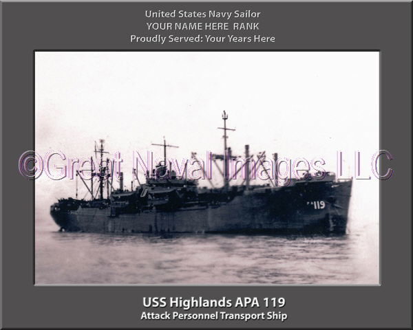 USS Highlands APA 119 Personalized Ship Photo on Canvas